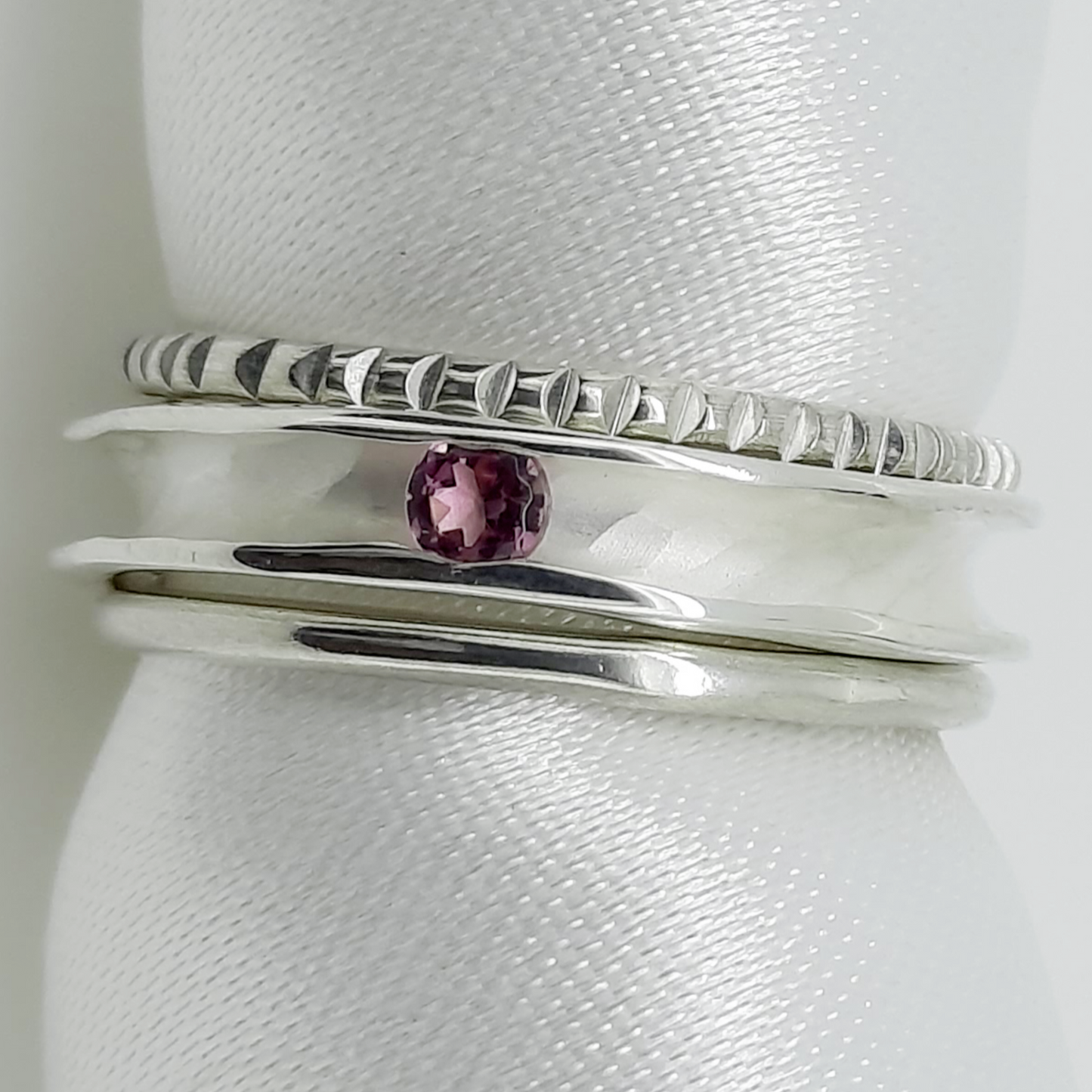 Pink Tourmaline Groove Ring Styed with Stacker Rings