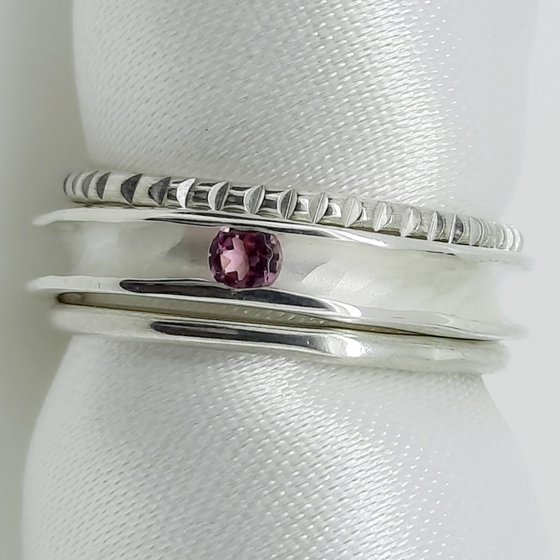 Pink Tourmaline Groove Ring Styed with Stacker Rings